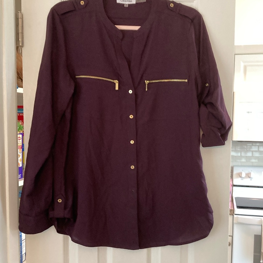 Calvin Klein Purple Buttoned Blouse with Mandarin Collar